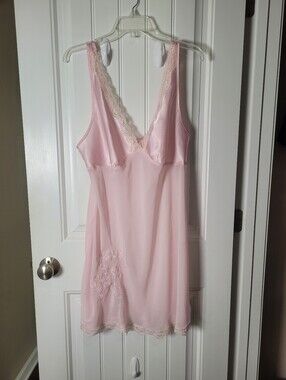 Light Pink Lace-Trim Slip Nightgown with plunging V-neck. No label